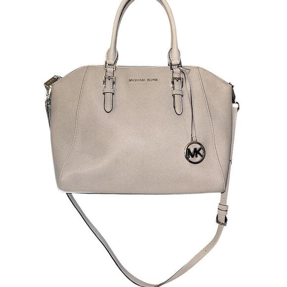 Michael Kors Ciara Pearl Gray Saffiano Leather Large Satchel Handbag - Picture 1 of 9